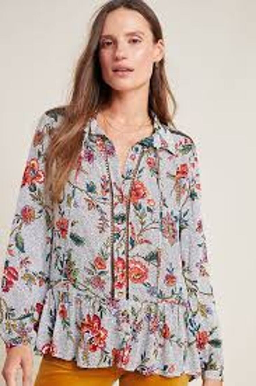 Maeve Anthropologie "Janie" Grey Floral Flounced Button Down Blouse size 8